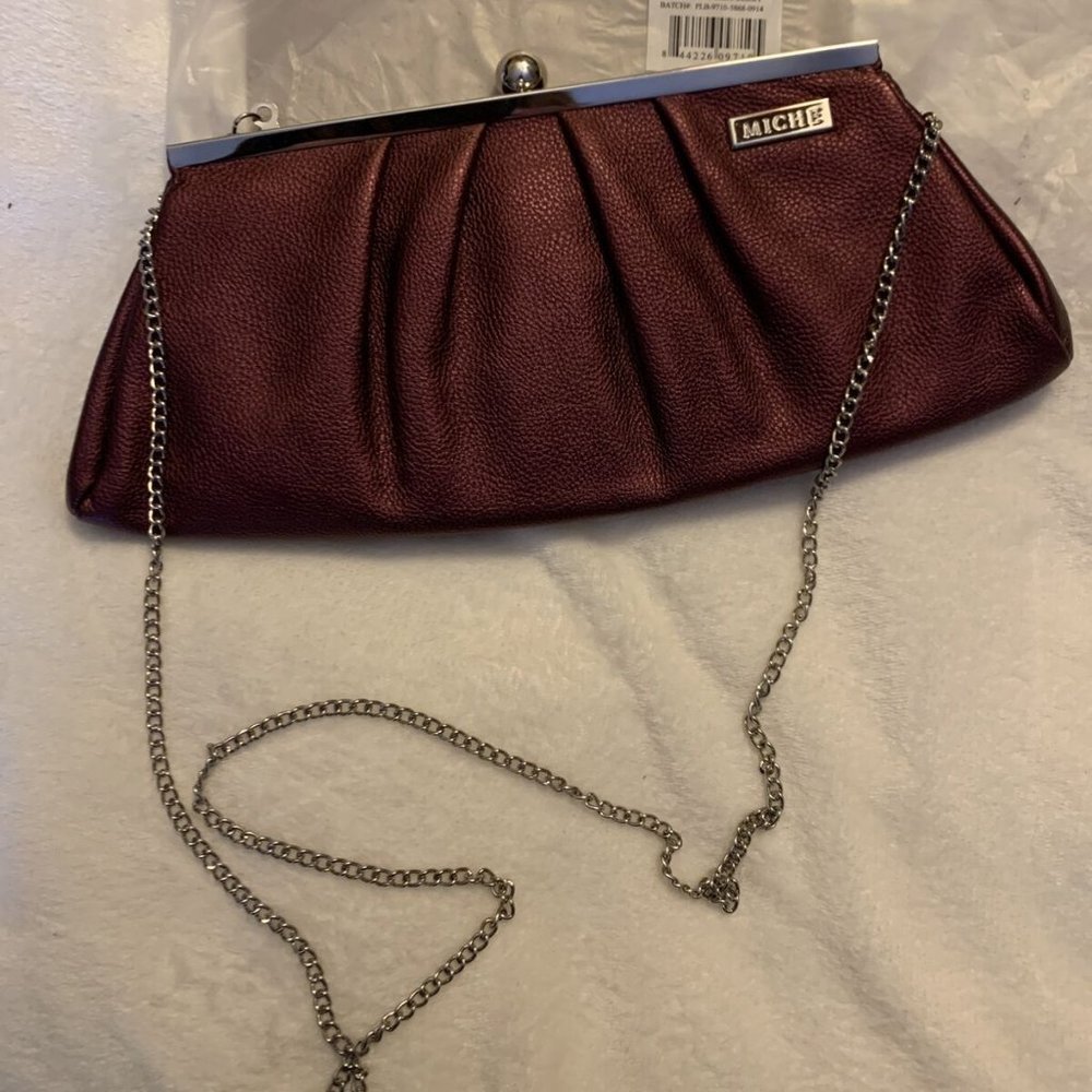 Miche Wine Maroon Metallic Berry Clutch Faux Leather Chain Strap Crossbody Purse